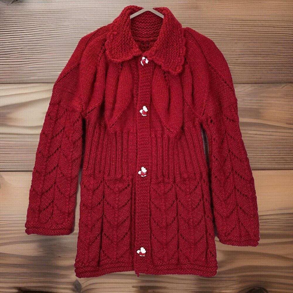 Child’s Handmade Cardigan Sweater M Red Long Chicken‎ Button Petal Knit Girl’s